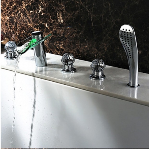 Wholesale And Retail Promotion Widespread LED Colors Deck Mounted Bathroom Tub Waterfall Faucet 5PCS Mixer Tap