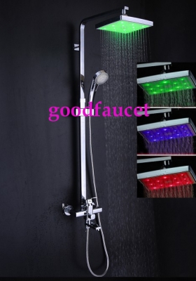 Wholesale /Retail 3 Ways LED Chrome 8" Square Rainfall Shower Column Faucet Set W/Tub Faucet Mixer Tap Shower
