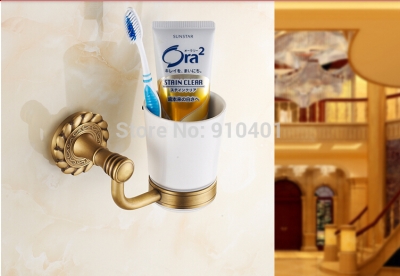 Wholesale And Retail Promotion Antique Brass Bathroom Embossed Toothbrush Holder With Ceramic Cup Wall Mounted