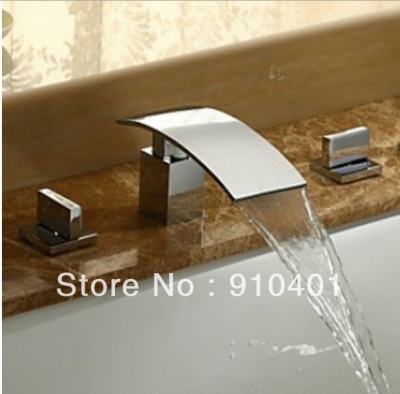 Wholesale And Retail Promotion Deck Mounted Waterfall Bathroom Basin Faucet Dual Handle Sink Mixer Tap Chrome