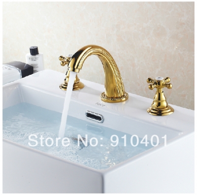 Wholesale And Retail Promotion Euro Golden Brass Bathroom Widespread Basin Faucet Carved Art Vanity Sink Mixer