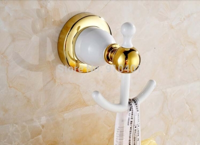 Wholesale And Retail Promotion Golden Brass White Wall Mounted Bathroom Towel Coat Hooks Dual Robe Hook Hanger