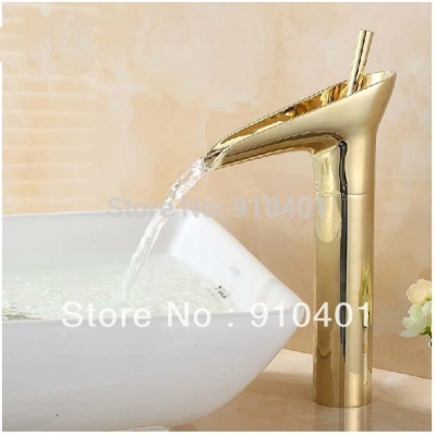 Wholesale And Retail Promotion Luxury Deck Mounted Golden Finish Bathroom Waterfall Basin Faucet Single Handle