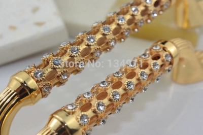 Fashion 6pcs 96mm Yellow Gold Drawer Knobs Crystal Diamond Porcelain Dresser Pulls (L:150mm D:12mm H:30mm)