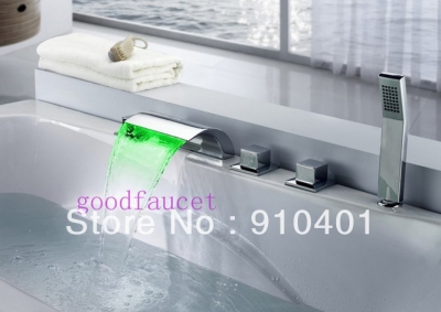 Luxury Waterfall Brass Bathtub Faucet + Handheld Shower Three Square HandleS With Color Changing LED Light