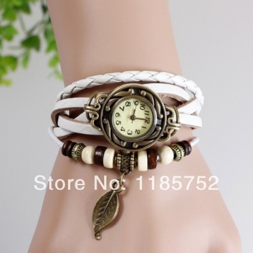 New White Leaf Pendant Women Wristwatch Weave Wrap Around Leather Bracelet Ladies Female Quartz Watch Wrist Watch