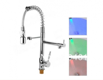 Wholesale And Retail Promotion LED Color Chrome Brass Kitchen Faucet Pull Out Dual Swivel Spout Sink Mixer Tap