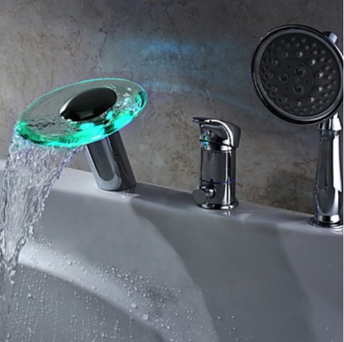 Wholesale And Retail Promotion LED Colors Round Spout Bathtub Waterfall Faucet 3PCS W/ Hand Sprayer Mixer Tap