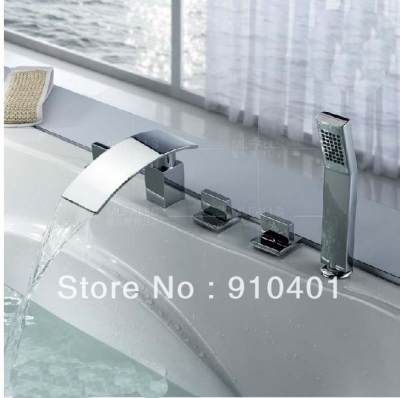 Wholesale And Retail Promotion NEW Design Chrome Brass Waterfall Bathroom Tub Faucet W/ Hand Shower 5PCS Shower