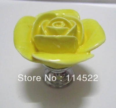 hand made ceramic yellow rose knob with silver chrome base flower knob cabinet pull kitchen cupboard knob kids drawer knob MG-16