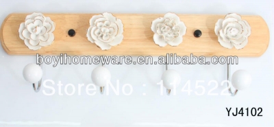 new design wood four hooks with colored ceramic flowers and knobs ball coat rack clothes hanger towel hook wholesale YJ4102