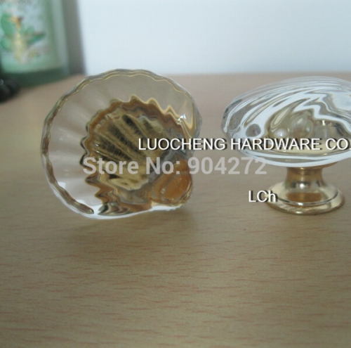 20PCS/LOT SHELL CLEAR CRYSTAL KNOBS GLASS KNOBS ON ZINC ALLOY BASE POLISHED GOLD FINISH