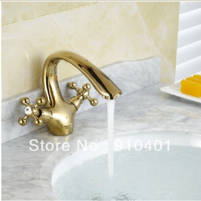 Wholesale And Retail Promotion Deck Mounted Polished Golden Finish Bathroom Basin Faucet Dual Cross Handles Tap