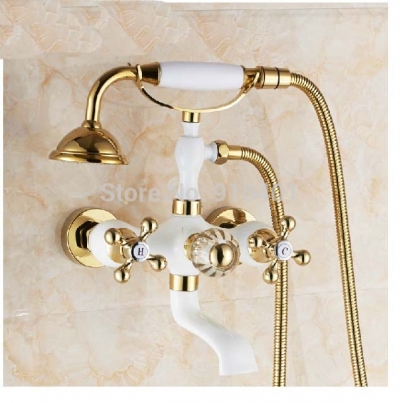 Wholesale And Retail Promotion Golden White Painting Wall Mounted Tub Faucet Dual Handles Hand Shower Mixer Tap [Wall Mounted Faucet-5222|]