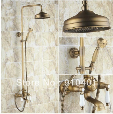 Wholdsale And Retail Promotion Antique Brass 8" Rain Shower Faucet Dual Handles W/ Hand Shower Tub Shower Mixer