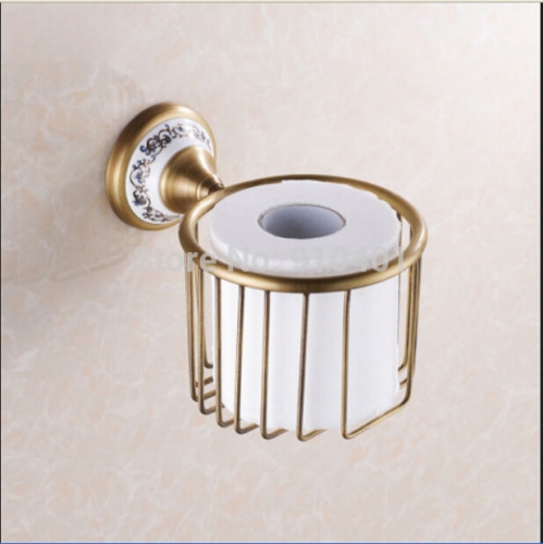 Wholesale And Retail Promotion Antique Brass Bathroom Toilet Paper Holder Ceramic Tissue Basket Shelf Holder