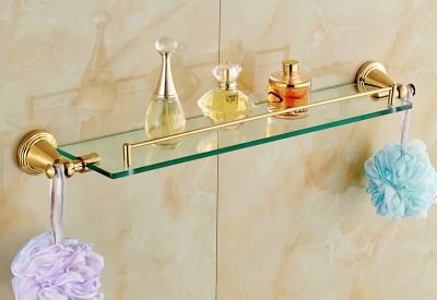 Wholesale And Retail Promotion Luxury Wall Mounted Bathroom Shelf Glass Shower Caddy Storage With Dual Hooks