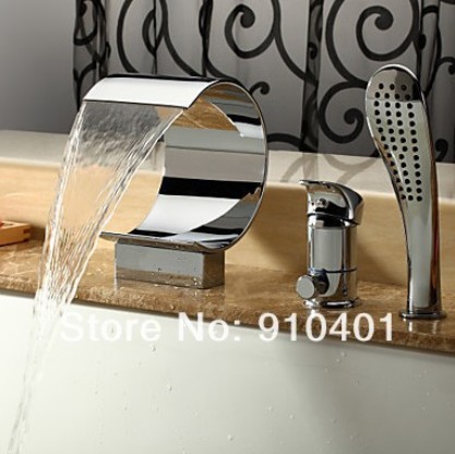 Modern Luxury 3pcs Roman Bathtub Faucet Curved Shape Waterfall Sink Tap w/Hand Shower Chrome Finish