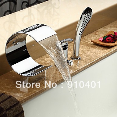 Modern Luxury 3pcs Roman Bathtub Faucet Curved Shape Waterfall Sink Tap w/Hand Shower Chrome Finish