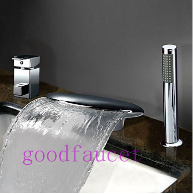 NEW Chrome Brass Bathtub Faucet Waterfall Mixer Tap With Shower Sprayer Deck Mounted 3PCS