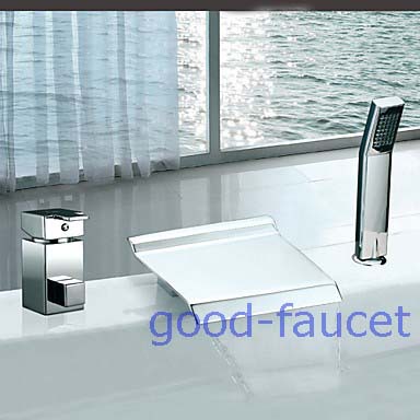 NEW Sale Brass Waterfall Roman Bathroom Tub Faucet Filler Mixer Tap w/ Handheld Shower Deck Mounted Chrome Finish