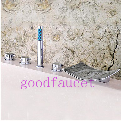 NEW Widespread Waterfall Bathroom 5PCS Tub Faucet + Hand Shower Mixer Tap Chrome Hot And Cold Water Tap