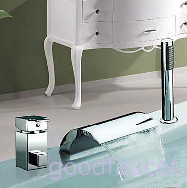 Waterfall Roman Bathtub Faucet Filler w/ Handheld Shower Single Handle Mixer Tap Chrome Finish Deck Mounted