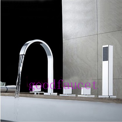 Deck mounted 5pcs waterfall bathroom tub faucet mixer tap with handheld spray chrome finish