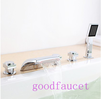 Luxury Widespread Waterfall Roman Bathtub Faucet Hand Shower W/ LED Light 5PCS Chrome Finish