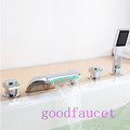 Luxury Widespread Waterfall Roman Bathtub Faucet Hand Shower W/ LED Light 5PCS Chrome Finish