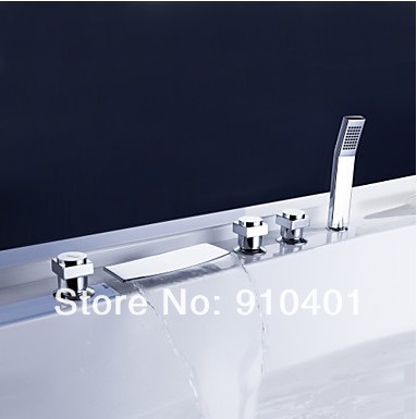 NEW High Qulity Bathroom Widespread  Mixer Tap 5PCS Brass Big Waterfall Tub Faucet With Hand Shower Chrome Finish