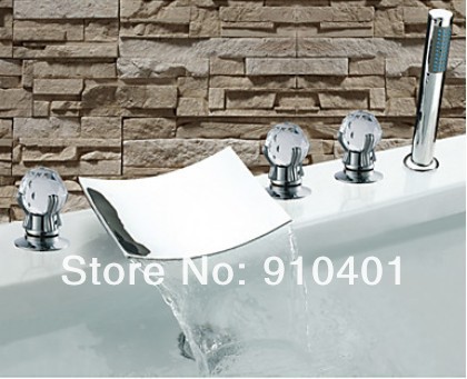 NEW Luxury Contemporary Bathroom Waterfall Bathtub Faucet+Hand Shower+ Glass Handles Chrome Finish 