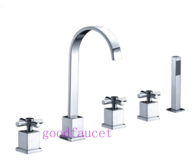 Wholesale And Retail Promotion Deck Mounted Chrome Brass Bathtub Faucet 3 Cross Handles 5PCS Shower Mixer Tap