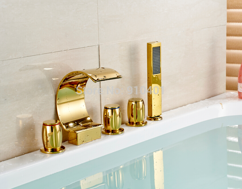 Wholesale And Retail Promotion Deck Mounted Golden Brass Waterfall Bathroom Tub Mixer Tap Faucet Hand Shower