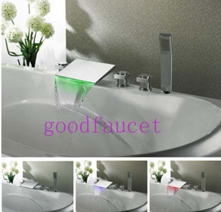 Wholesale And Retail Promotion Deck Mounted LED Bathroom Waterfall Bathtub Faucet 3 Handles W/ Handheld Shower