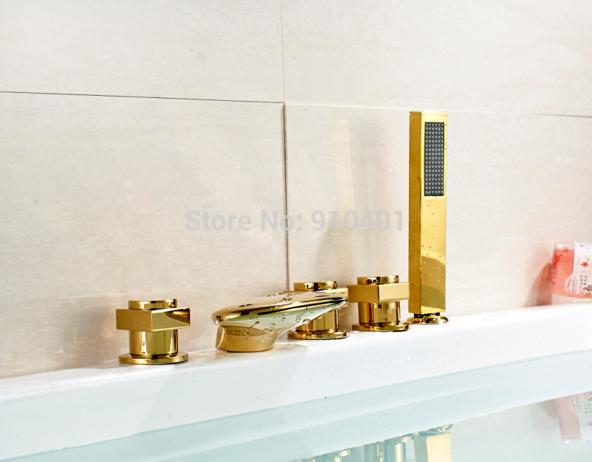 Wholesale And Retail Promotion Golden Brass LED Color Changing Waterfall Bathroom Tub Faucet With Hand Shower