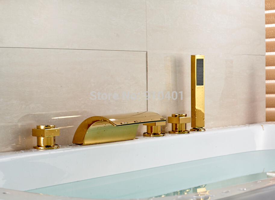 Wholesale And Retail Promotion Golden Brass Roman Style Waterfall Bathroom Tub Faucet With Hand Shower Mixer