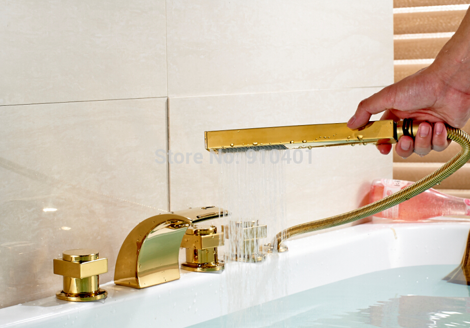 Wholesale And Retail Promotion Golden Brass Roman Waterfall Bathroom Tub Faucet Widespread Mixer Tap Hand Unit