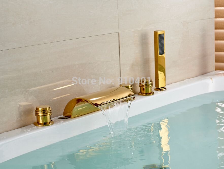 Wholesale And Retail Promotion LED Color Chaning Waterfall Bathroom Tub Faucet 3 Handles Sink Mixer Tap Golden