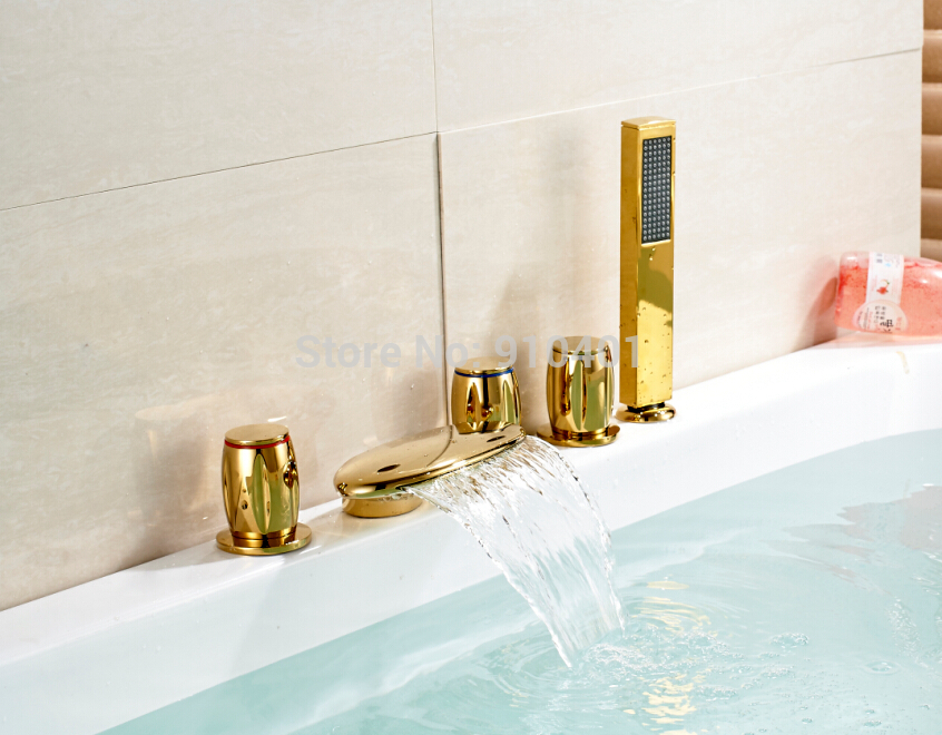 Wholesale And Retail Promotion LED Golden Brass Waterfall Bathroom Tub Faucet Deck Mounted Sink Cold Hot Mixer