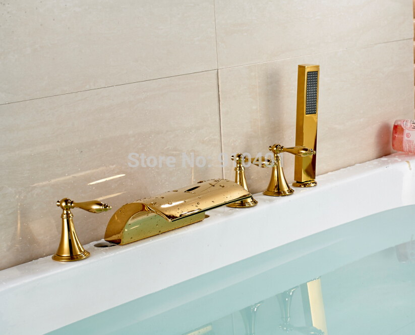 Wholesale And Retail Promotion Luxury Deck Mounted Golden Brass Waterfall Bathroom Tub Faucet Hand Shower Mixer