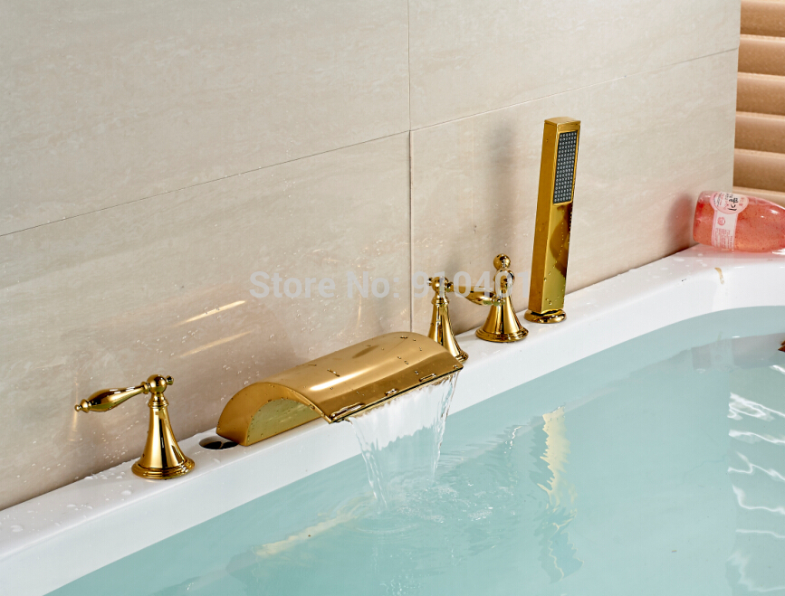 Wholesale And Retail Promotion Luxury Deck Mounted Golden Brass Waterfall Bathroom Tub Faucet Hand Shower Mixer