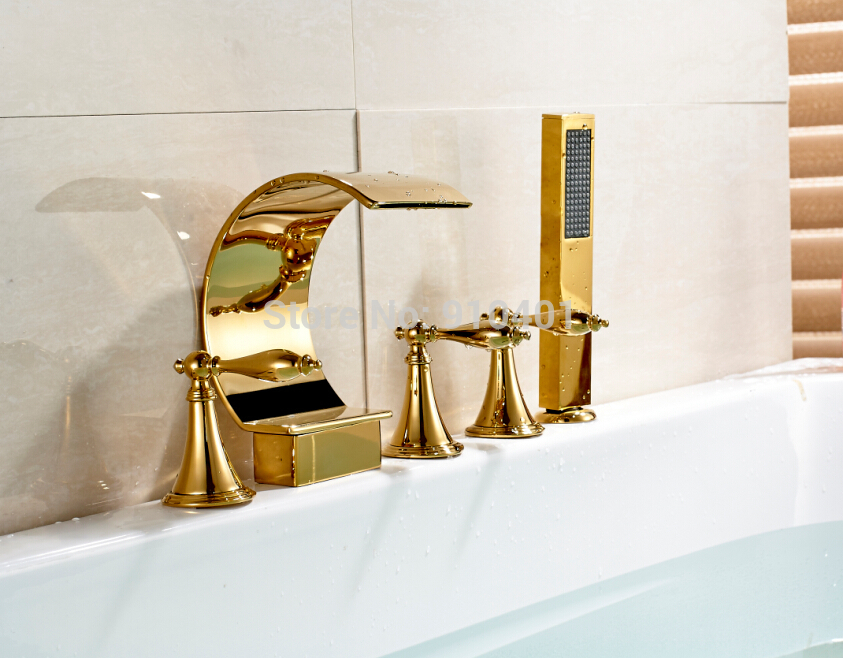 Wholesale And Retail Promotion NEW Luxury Golden Brass Bathroom Tub Faucet 5 PCS Sink Mixer Tap W/ Hand Shower
