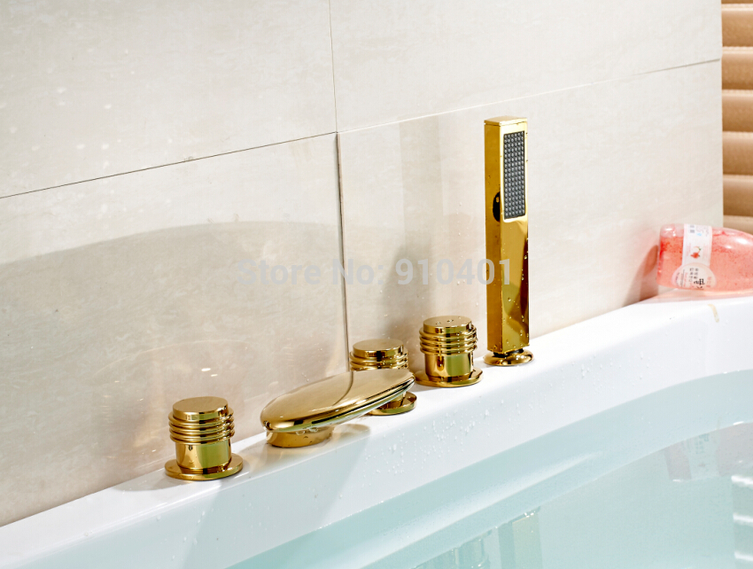 Wholesale And Retail Promotion NEW Luxury Golden Brass Bathroom Tub Waterfall Faucet 3 Handles Sink Mixer Tap