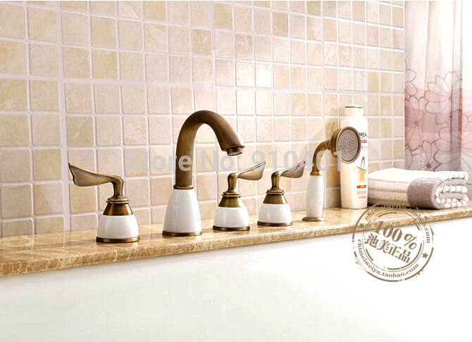 Wholesale And Retail Promotion Widespread Bathroom Tub Faucet 5 PCS Deck Mounted Sink Mixer Tap W/ Hand Shower
