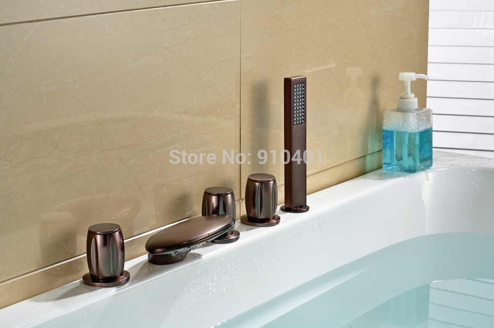 Wholesale And Retail Promotion Widespread Oil Rubbed Bronze Waterfall Bathroom Tub Faucet With Hand Shower Tap