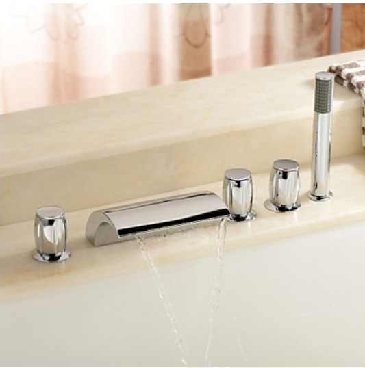 wholesale and retail  Promotion Morden Waterfall Deck Mounted Bathroom Chrome Brass Tub Faucet Shower Set 5PCS