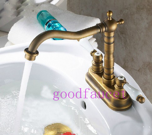 Antique Brass 4 inches Bathroom Faucet Vanity Sink Mixer Tap Swivel Spout Dual Cross Ceramic  Handles