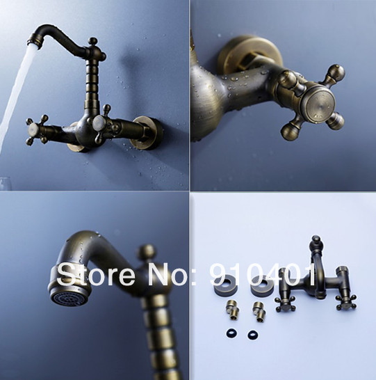 Classic antique bronze bath basin&kitchen faucet double cross handles wall mount mixer tap two holes