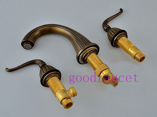Euro Widespread Antique Brass Bathroom Faucet Curved Basin Mixer Tap Dual Handle Water Tap Hot And Cold Tap